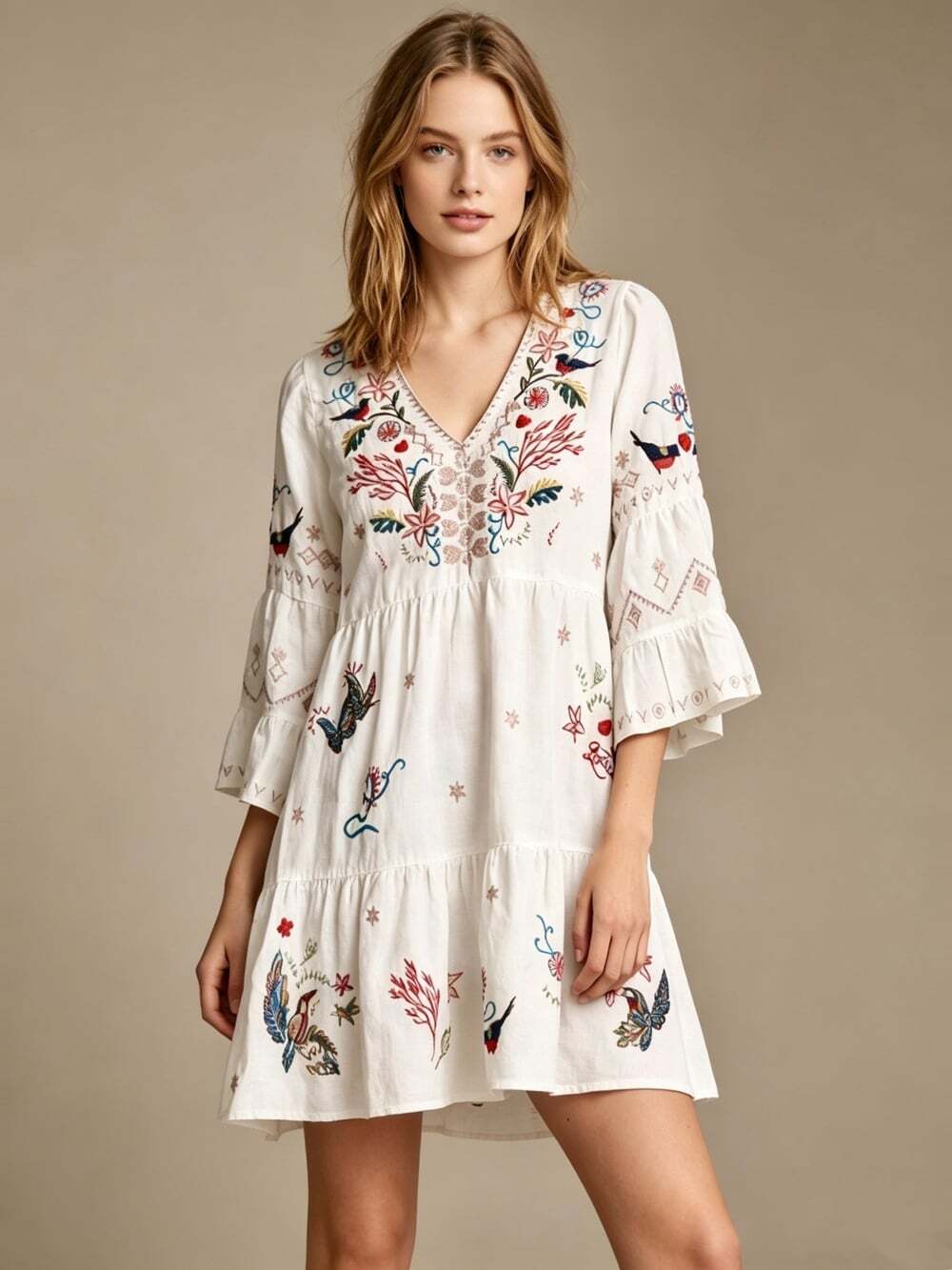 NWOT Johnny Was Linen Tiered Embroidered V-Neck Floral Dress White Size S